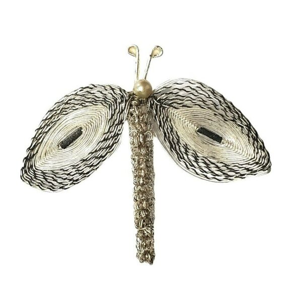 VTG Spun Butterfly Brooch Pin Silver Tone Woven Wire Dragon Fly Moth Faux Pearl - Picture 5 of 6